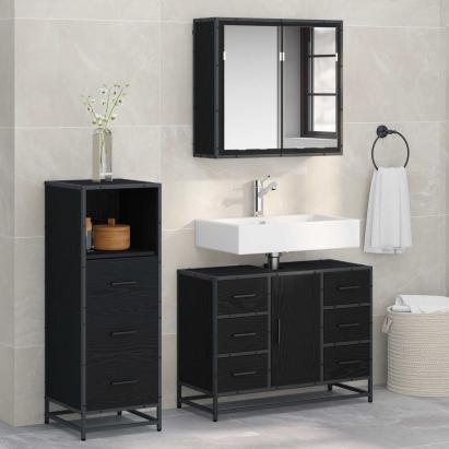 Set de mobilier pentru baie 3 pcs Stejar Negru Lemn compozit GartenMobel Dekor