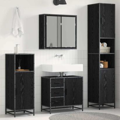 Set de mobilier pentru baie 4 pcs Stejar Negru Lemn compozit GartenMobel Dekor