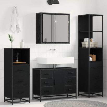 Set de mobilier pentru baie 4 pcs Stejar Negru Lemn compozit GartenMobel Dekor