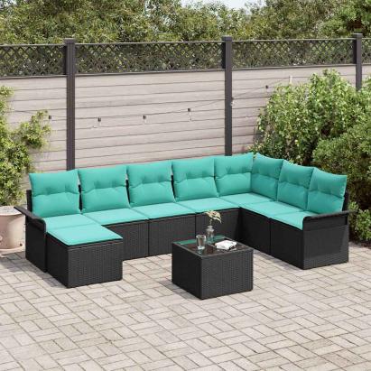 Set de canapele pentru grădină cu pernă 9 pcs Negru poliratan GartenMobel Dekor