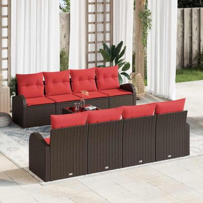Set de canapea 9 pcs Maro și roșu Poliester GartenMobel Dekor