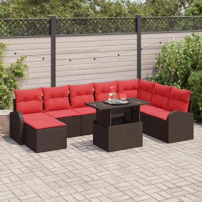 Set de canapele pentru grădină 9 pcs Maro și roșu poliratan GartenMobel Dekor