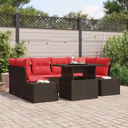 Set de canapea cu pernă Manual 7 pcs Maro și roșu poliratan GartenMobel Dekor