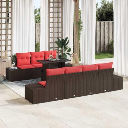 Set de canapea cu pernă Manual 8 pcs Maro și roșu poliratan GartenMobel Dekor
