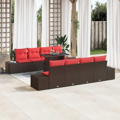 Set de canapele pentru grădină 9 pcs Maro și roșu poliratan GartenMobel Dekor