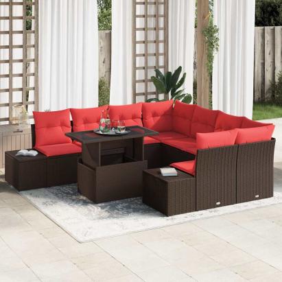 Set de canapele pentru grădină 9 pcs Maro și roșu poliratan GartenMobel Dekor