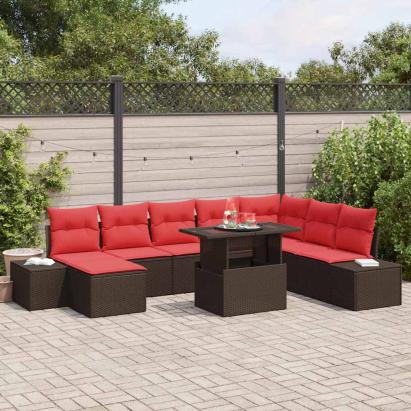 Set de canapele pentru grădină 9 pcs Maro și roșu poliratan GartenMobel Dekor