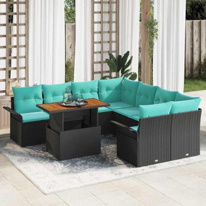 Set de canapele pentru grădină cu pernă 9 pcs Negru și Albastru GartenMobel Dekor