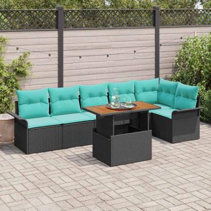 Set de canapele pentru grădină cu pernă 7 pcs Negru și Albastru GartenMobel Dekor