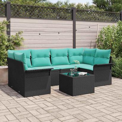 Set de canapele pentru grădină 7 pcs Negru și Turcoaz poliratan GartenMobel Dekor