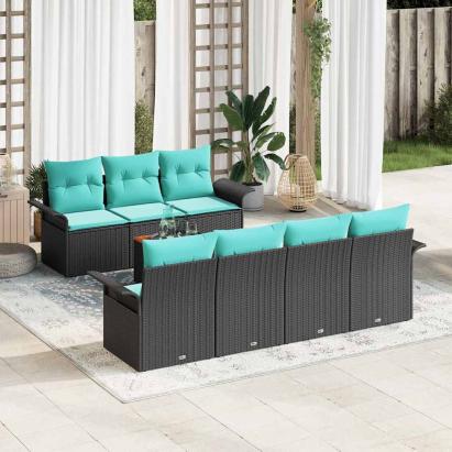 Set de canapele pentru grădină 8 pcs Negru și Turcoaz poliratan GartenMobel Dekor