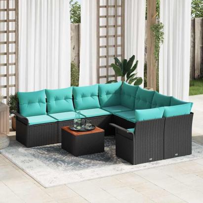 Set de canapele pentru grădină 9 pcs Negru și Turcoaz poliratan GartenMobel Dekor