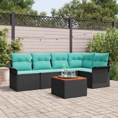 Set de canapele pentru grădină 6 pcs Negru și Turcoaz poliratan GartenMobel Dekor