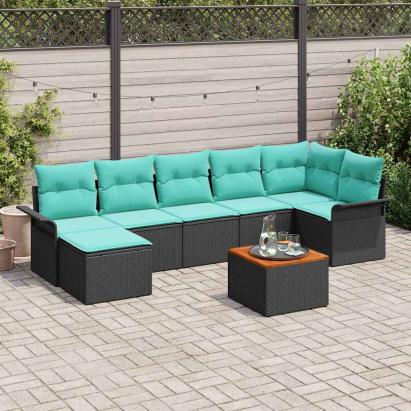 Set de canapele pentru grădină 8 pcs Negru și Turcoaz poliratan GartenMobel Dekor