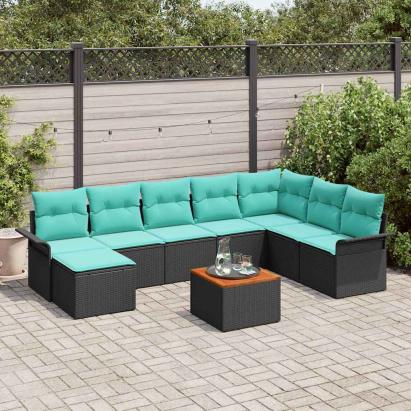 Set de canapele pentru grădină 9 pcs Negru și Turcoaz poliratan GartenMobel Dekor