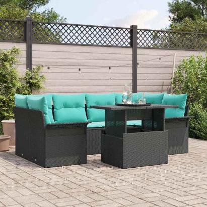 Set de canapele pentru grădină cu pernă 7 pcs Negru Poli Rattan GartenMobel Dekor