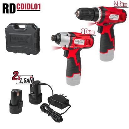 Set bormașină și șurubelniță cu impact Raider 12V, 2x1.5Ah, valiză
