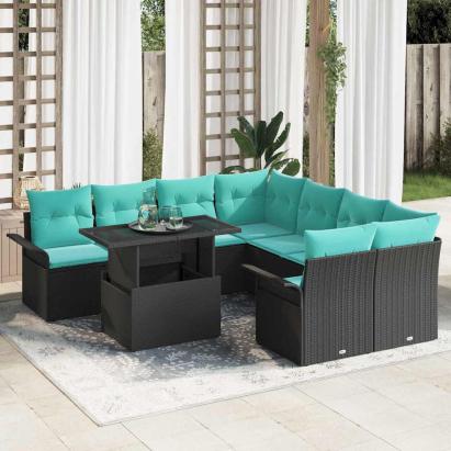 Set de canapele pentru grădină cu pernă 9 pcs Negru Poli Rattan GartenMobel Dekor