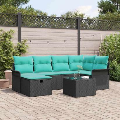 Set de canapele pentru grădină 7 pcs Negru și Turcoaz poliratan GartenMobel Dekor