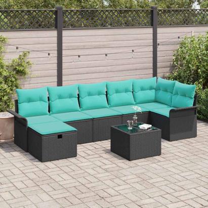 Set de canapele pentru grădină 8 pcs Negru și Turcoaz poliratan GartenMobel Dekor