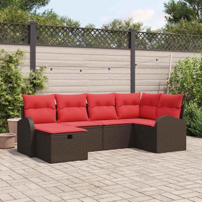 Set de canapea cu pernă Manual 6 pcs Maro și roșu poliratan GartenMobel Dekor