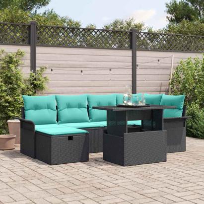 Set de canapele pentru grădină cu pernă 7 pcs Negru Rattan poli GartenMobel Dekor