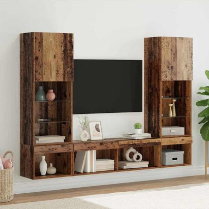 Unități TV de perete cu LED 5 pcs Lemn vechi Lemn compozit GartenMobel Dekor