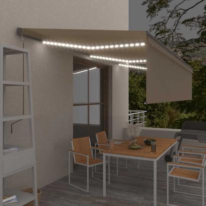 Copertină automată cu stor senzor vânt LED, crem, 6x3 m GartenMobel Dekor