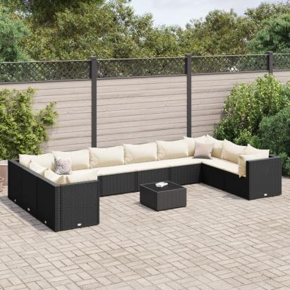 Set mobilier de grădină cu perne, 11 piese, negru, poliratan GartenMobel Dekor