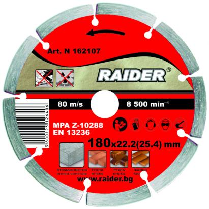 Disc diamantat segmentat DRY 180x22,2 mm pentru zidarie si beton Raider