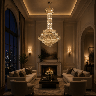 Candelabru din Cristal GRAND, 87xE14, D138 cm, Auriu, Înălțime Reglabilă