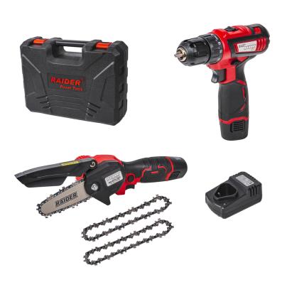 Set mini drujbă și bormașină cu acumulator 2x2Ah Raider Pro