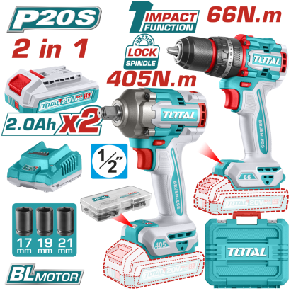 Kit scule TOTAL 20V brushless cu percutie si impact, 2 acumulatori