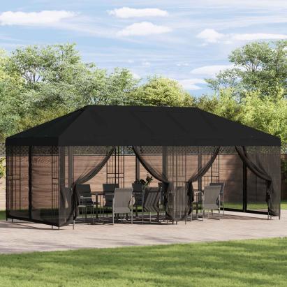 Pavilion cu panouri laterale 6 x 3 m Negru Poliester și oțel GartenMobel Dekor