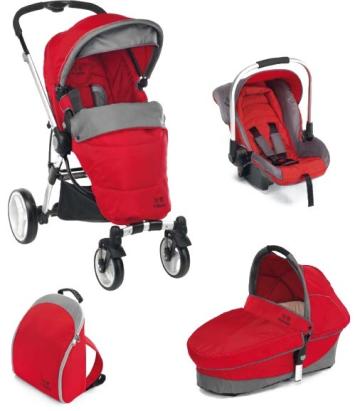 Carucior 3 in 1 Plebani P4 Trio rosu cu landou, scaun auto si geanta