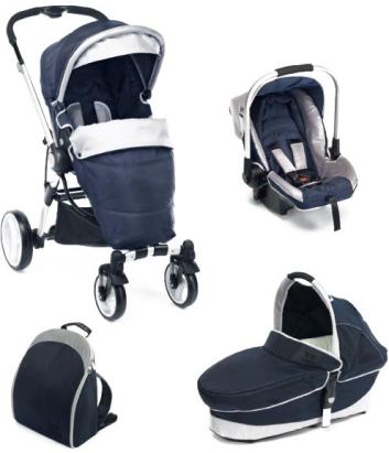 Carucior 3 in 1 Plebani P4 Trio albastru cu landou si scoica auto