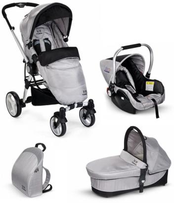 Carucior 3 in 1 Plebani P4 Trio argintiu cu landou, scoica auto si geanta