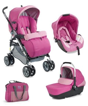 Carucior 3 in 1 Plebani D1 Trio roz cu landou, scoica auto si geanta