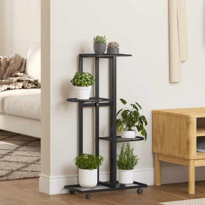 Suport de flori cu 4 etaje, cu roți, negru, 44x23x80 cm, fier GartenMobel Dekor