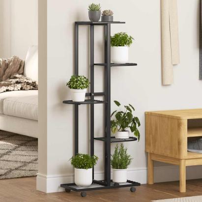 Suport de flori cu 5 etaje, cu roți, negru, 44x23x100 cm, fier GartenMobel Dekor