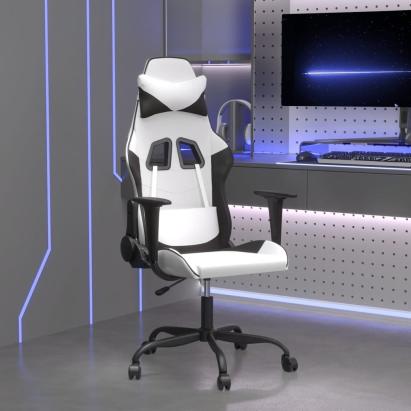 Scaun de gaming de masaj, alb și negru, piele ecologică GartenMobel Dekor