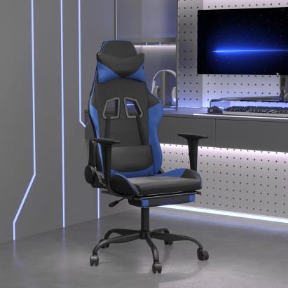 Scaun de gaming masaj/suport picioare negru&albastru piele eco GartenMobel Dekor