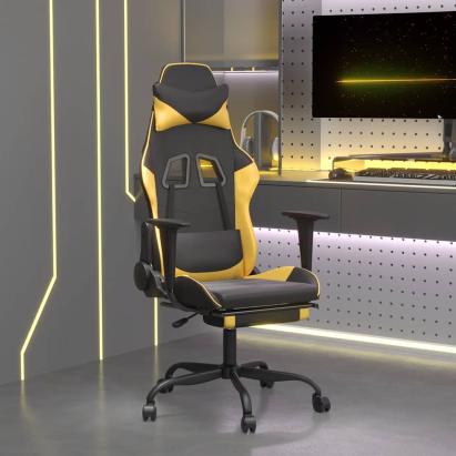 Scaun de gaming cu masaj/suport picioare negru/auriu piele eco GartenMobel Dekor