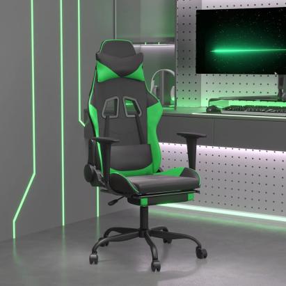 Scaun gaming de masaj/suport picioare, negru/verde, piele eco GartenMobel Dekor