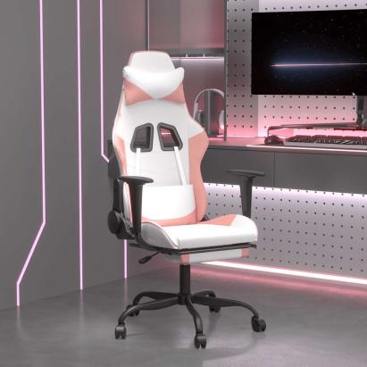 Scaun gaming de masaj/suport picioare, alb/roz, piele ecologică GartenMobel Dekor