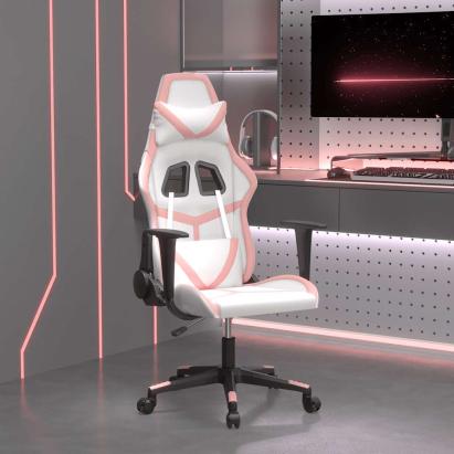 Scaun de gaming de masaj, alb și roz, piele ecologică GartenMobel Dekor