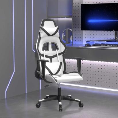 Scaun de gaming de masaj, alb și negru, piele ecologică GartenMobel Dekor