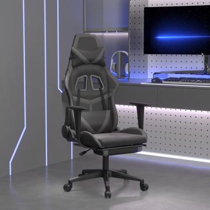 Scaun de gaming cu masaj/suport picioare, negru/gri, piele eco GartenMobel Dekor