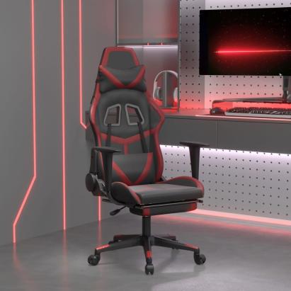 Scaun de gaming masaj/suport picioare negru/roșu vin piele eco GartenMobel Dekor