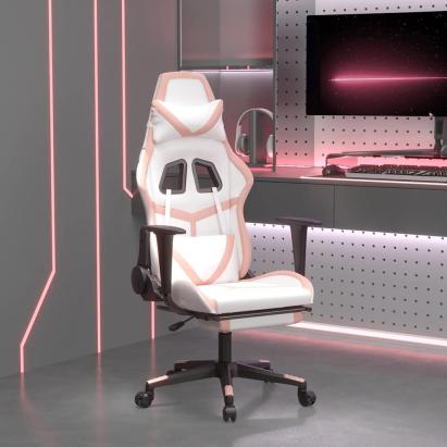 Scaun gaming de masaj/suport picioare, alb/roz, piele ecologică GartenMobel Dekor